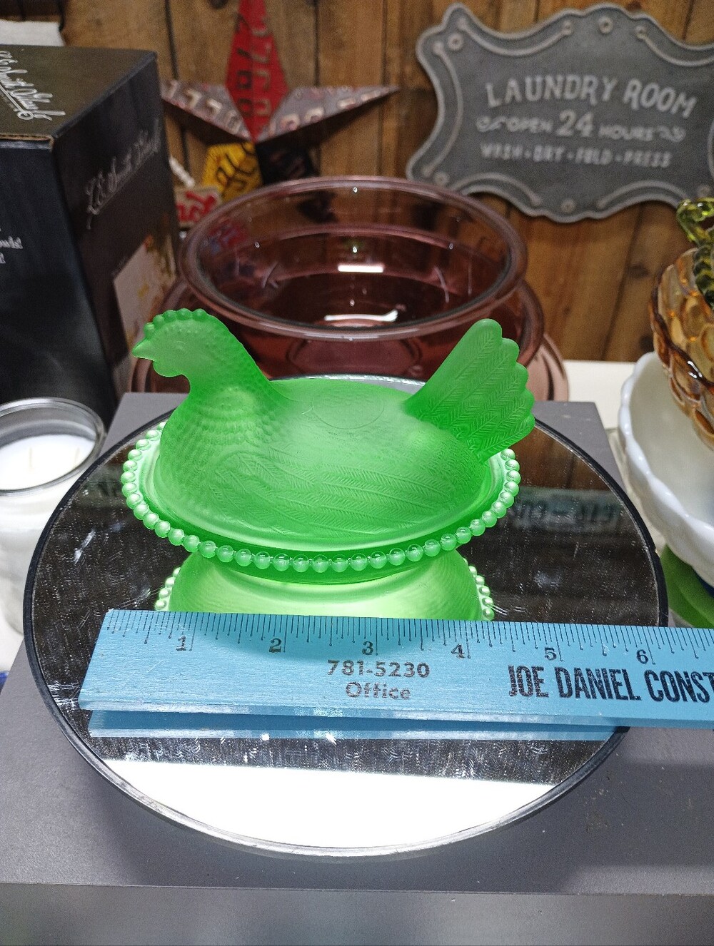 Small Lime Green Glass Hen on Nest With A Lovely Satin Finish